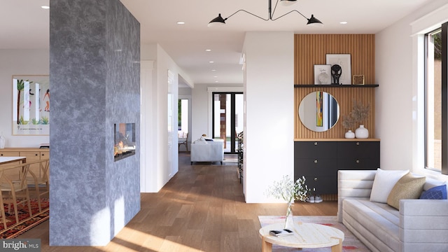 living room featuring dark hardwood / wood-style floors and a fireplace