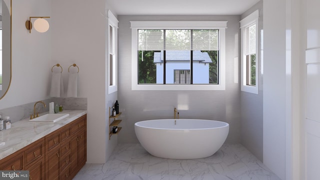 bathroom with a bathing tub and vanity