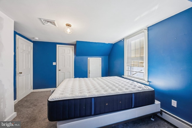 carpeted bedroom featuring a baseboard radiator and lofted ceiling