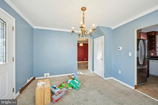 recreation room with crown molding, carpet floors, and an inviting chandelier