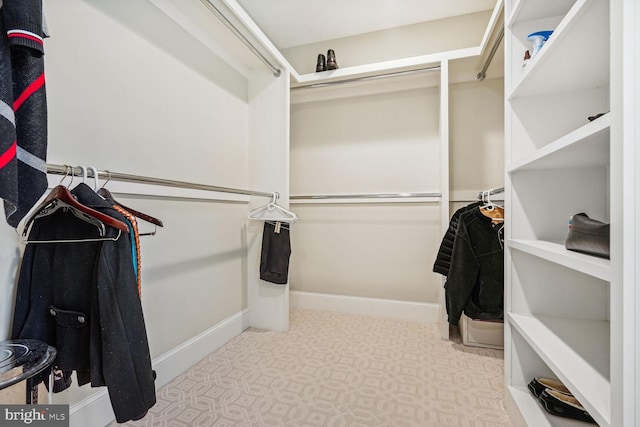 spacious closet featuring light colored carpet