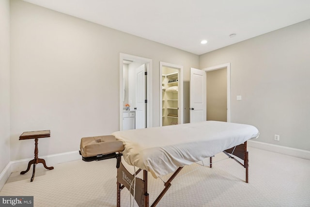 bedroom featuring a spacious closet, light carpet, and a closet