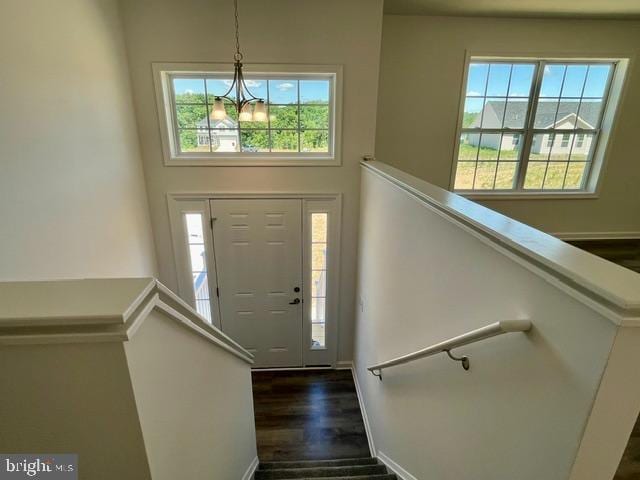 entrance foyer with a chandelier, a high ceiling, and dark hardwood / wood-style flooring