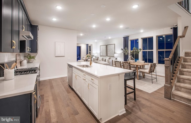 kitchen with wood-type flooring, sink, extractor fan, and an island with sink