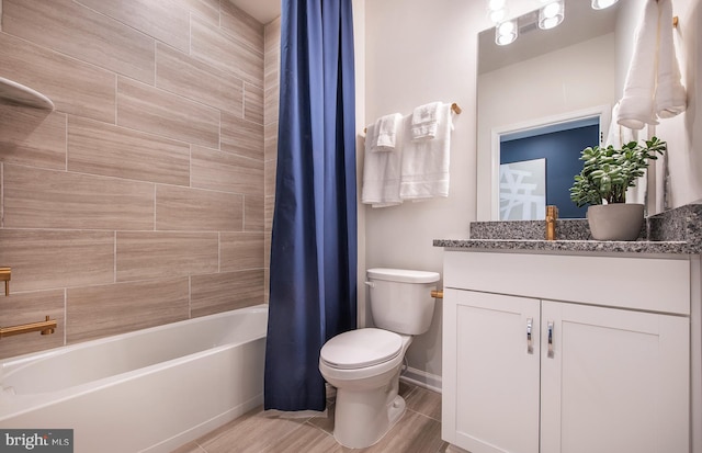 full bathroom with vanity, shower / bath combination with curtain, and toilet