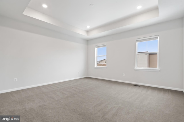 carpeted empty room with a raised ceiling