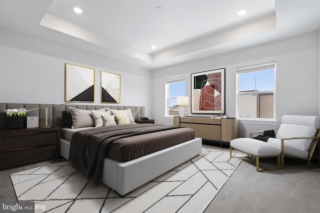 bedroom featuring a raised ceiling and multiple windows