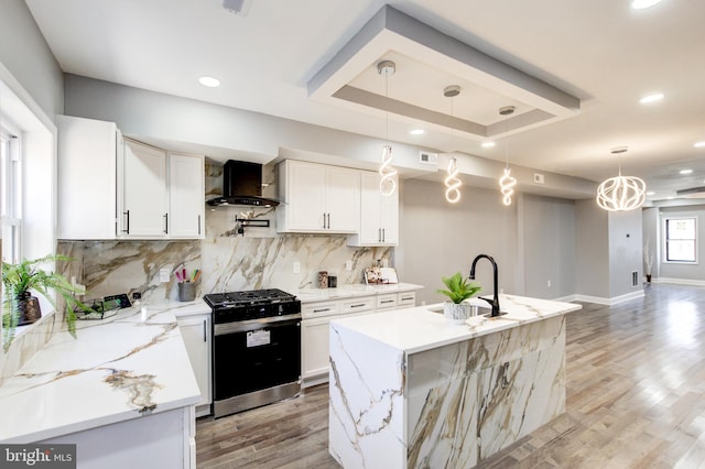 kitchen with a sink, a tray ceiling, stainless steel range with gas cooktop, wall chimney range hood, and decorative backsplash