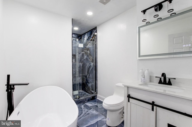 full bathroom with baseboards, a marble finish shower, a freestanding bath, toilet, and marble finish floor