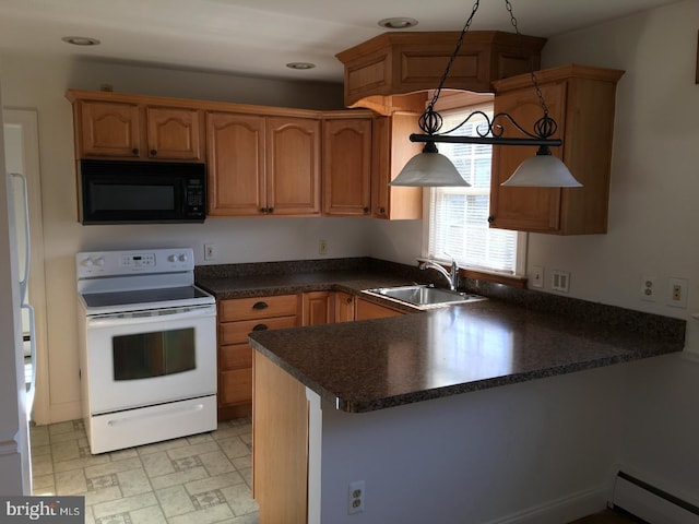 kitchen with a baseboard heating unit, white range with electric cooktop, sink, hanging light fixtures, and kitchen peninsula