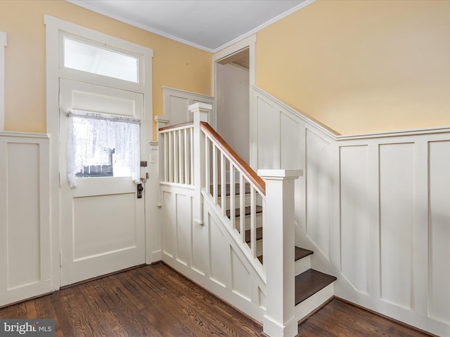 interior space with ornamental molding and dark wood-type flooring