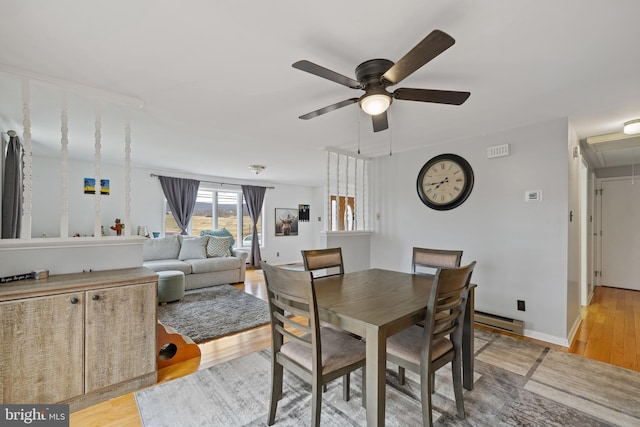 dining room featuring light hardwood / wood-style floors, ceiling fan, and baseboard heating