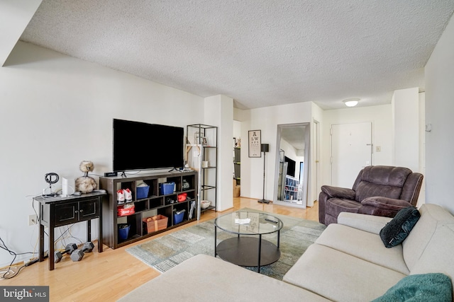 living room with wood-type flooring and a textured ceiling