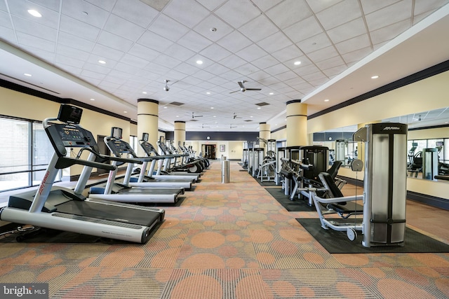 exercise room featuring a drop ceiling, ornamental molding, and ceiling fan