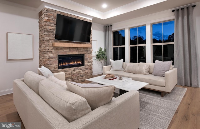 living room featuring a raised ceiling, a stone fireplace, wood-type flooring, and ornamental molding