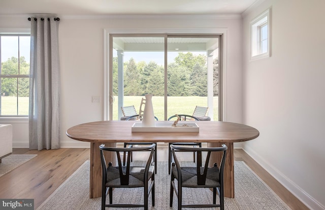 dining space featuring light hardwood / wood-style flooring and ornamental molding