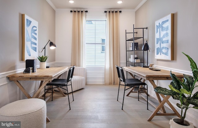 office featuring crown molding and light wood-type flooring