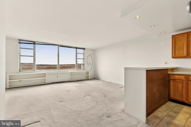 kitchen featuring light colored carpet