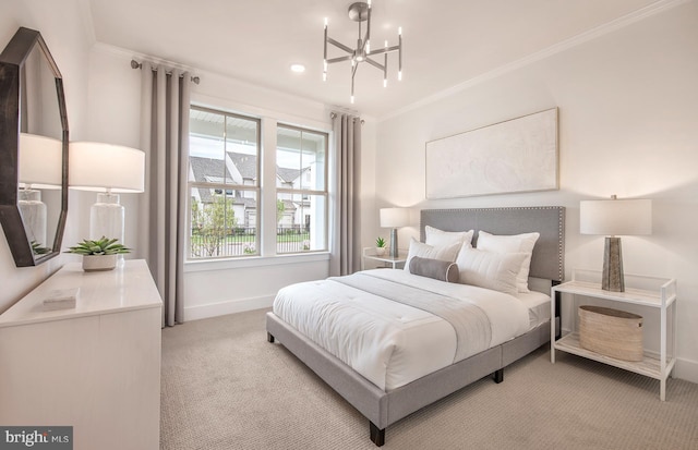 bedroom with light colored carpet, ornamental molding, and a chandelier