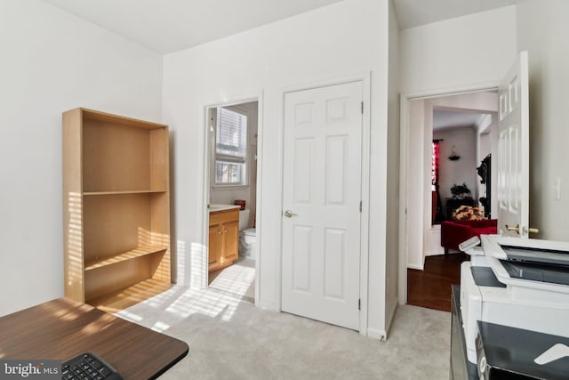 interior space with light carpet and ensuite bathroom