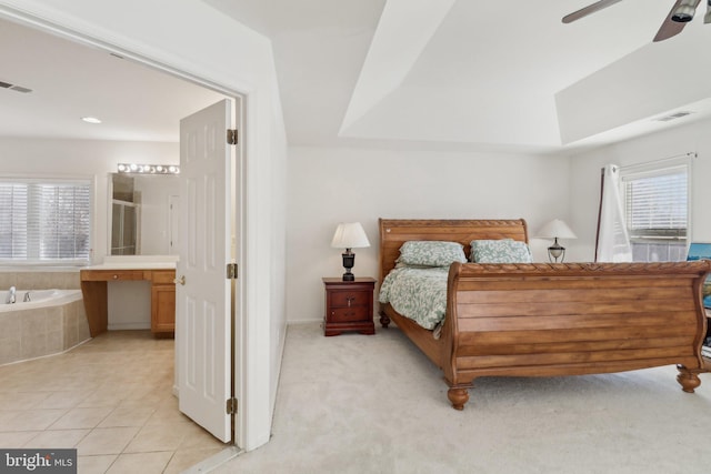 tiled bedroom with ceiling fan