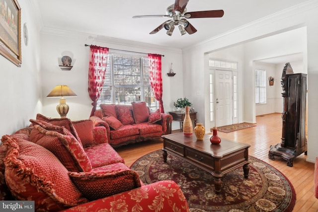 living room with light hardwood / wood-style floors, plenty of natural light, and crown molding