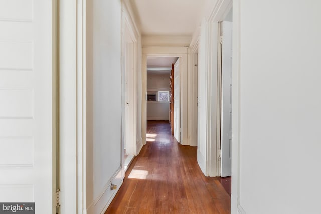 corridor featuring dark wood-type flooring