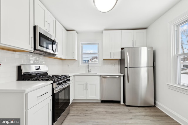 kitchen featuring backsplash, sink, light hardwood / wood-style floors, white cabinetry, and stainless steel appliances