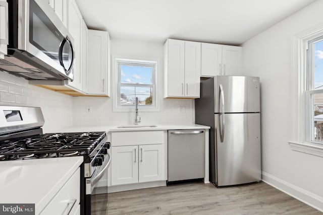 kitchen featuring white cabinets, sink, appliances with stainless steel finishes, tasteful backsplash, and light hardwood / wood-style floors