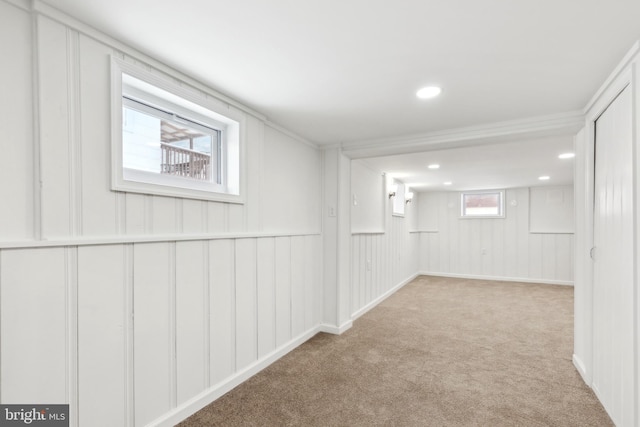 basement featuring light colored carpet