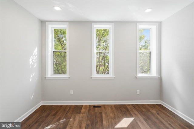 unfurnished room featuring dark wood-type flooring and a healthy amount of sunlight