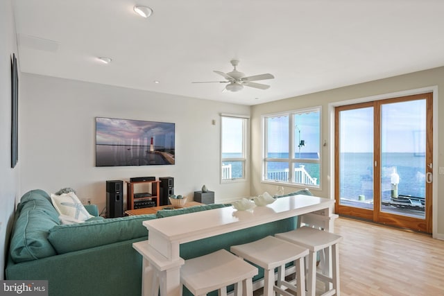 living room with ceiling fan and light hardwood / wood-style flooring