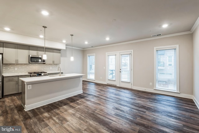 kitchen with gray cabinets, an island with sink, stainless steel appliances, pendant lighting, and sink