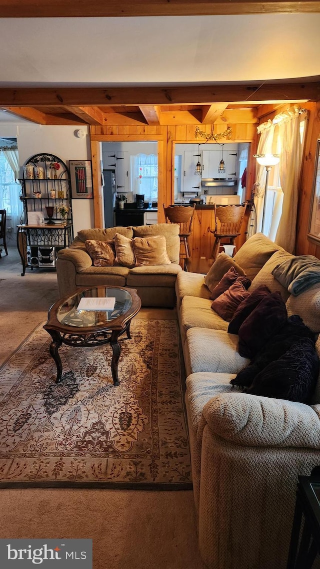 living room featuring beam ceiling and carpet floors