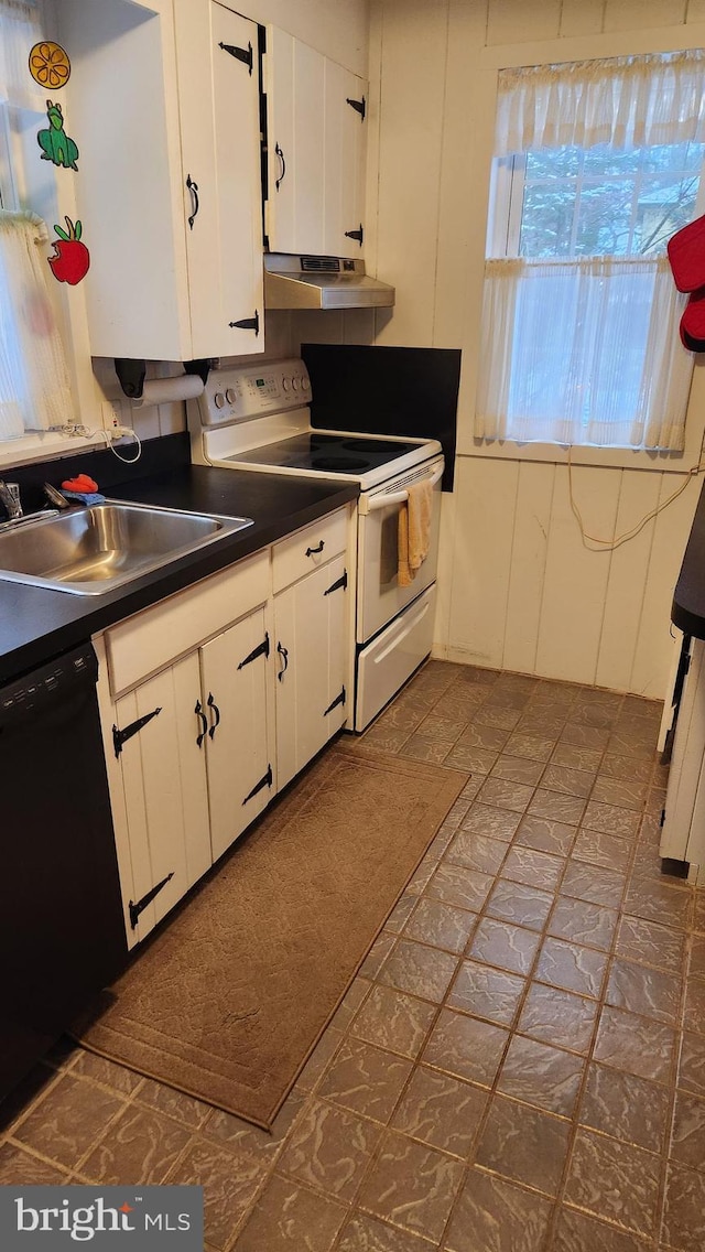 kitchen with white range with electric cooktop, white cabinetry, sink, and black dishwasher