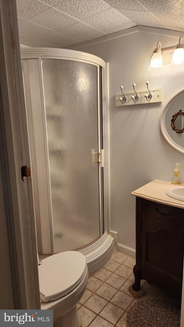 bathroom with vanity, toilet, and a shower with shower door