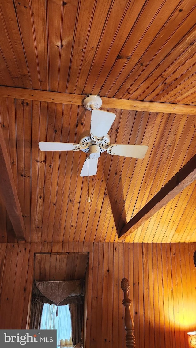 details featuring ceiling fan, wood ceiling, and wooden walls