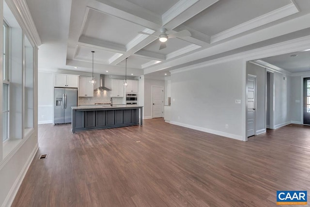 unfurnished living room with coffered ceiling, ceiling fan, dark wood-type flooring, sink, and beamed ceiling