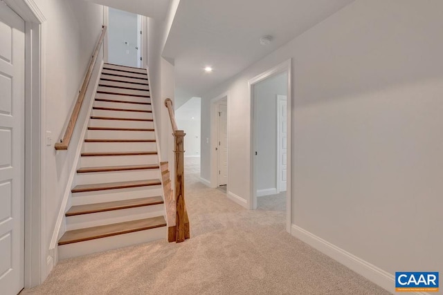 staircase featuring carpet