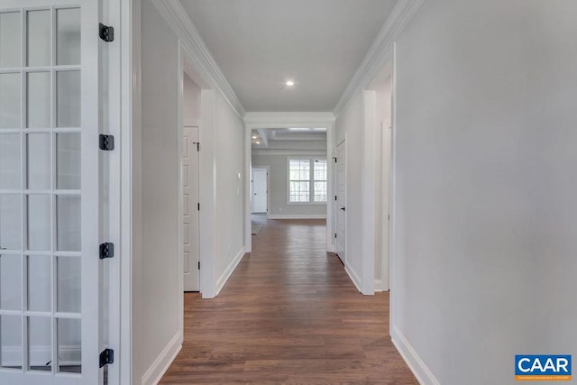 corridor featuring dark hardwood / wood-style flooring and crown molding