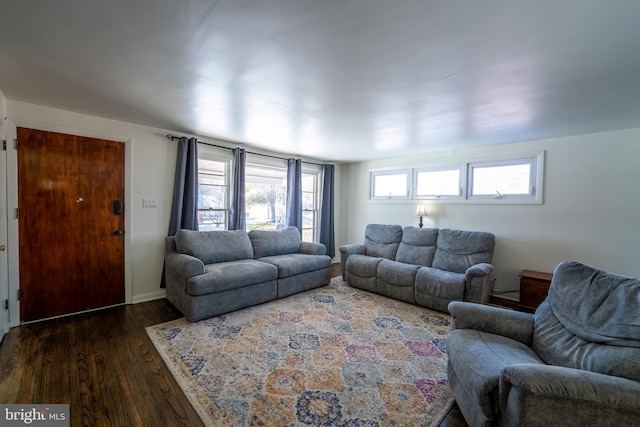 living room featuring dark wood-type flooring