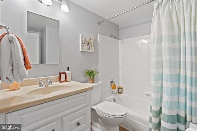 full bathroom with vanity, toilet, and shower / bathtub combination with curtain