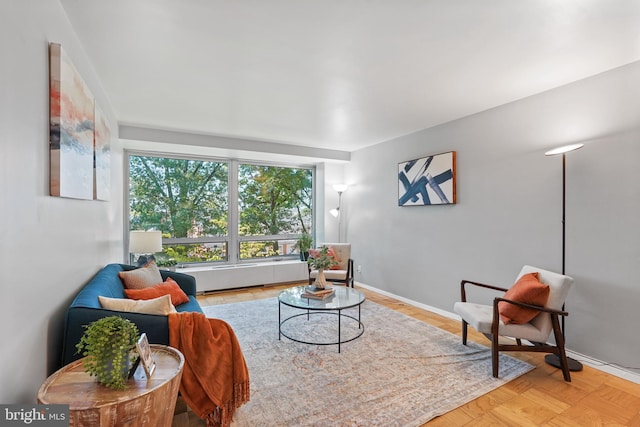 living room featuring light parquet flooring