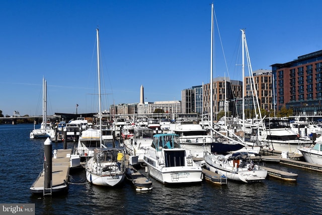 view of dock with a water view