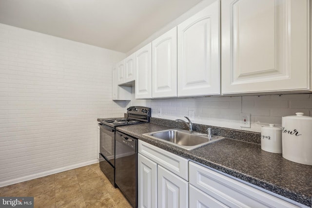 kitchen featuring tasteful backsplash, white cabinetry, sink, and black appliances