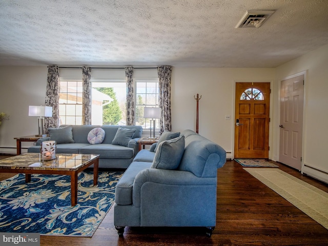 living room with a baseboard radiator, a textured ceiling, and dark hardwood / wood-style floors