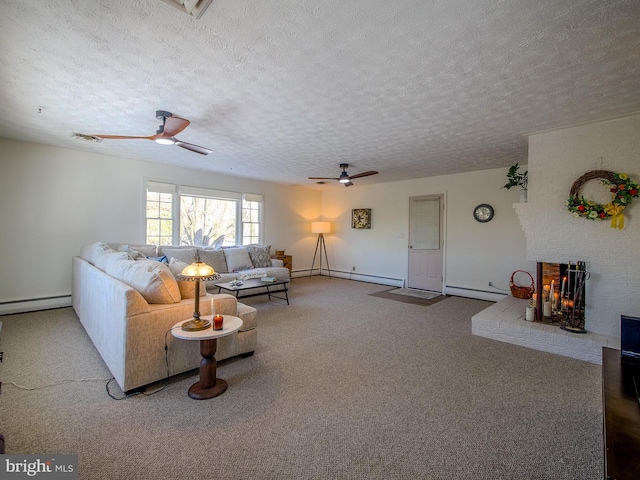 carpeted living room featuring a textured ceiling, ceiling fan, and a baseboard heating unit