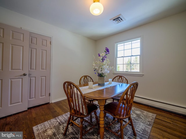 dining room with dark hardwood / wood-style flooring and a baseboard radiator