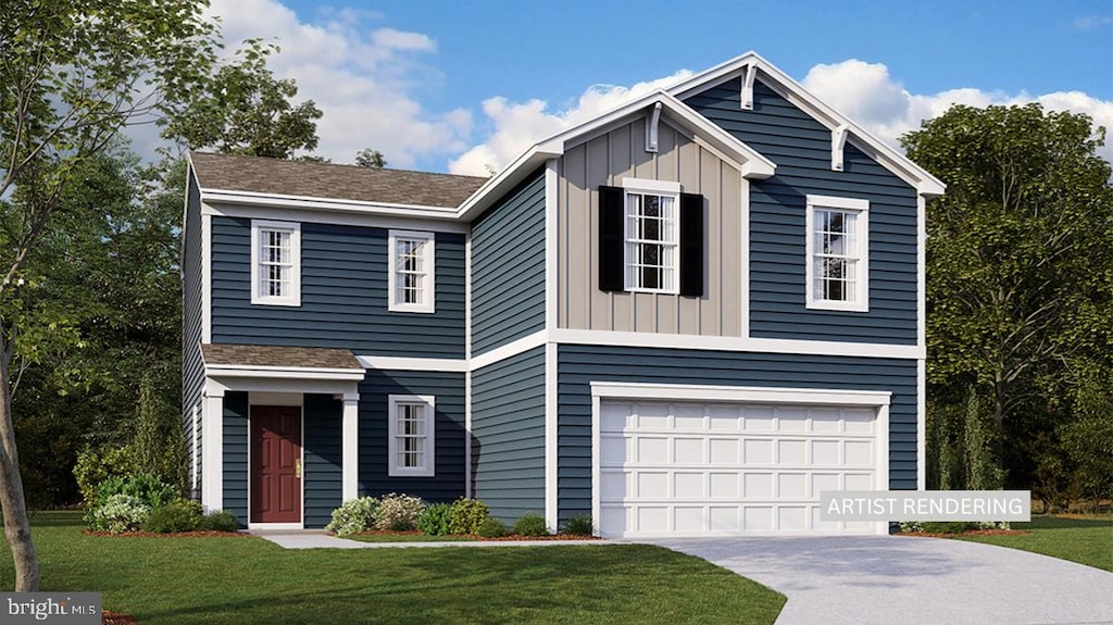 view of front of property featuring a front yard and a garage