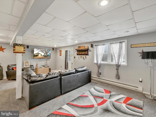 carpeted living room featuring a baseboard radiator